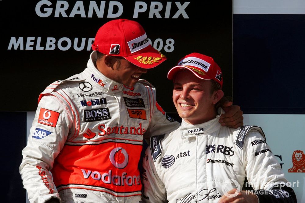 Lewis Hamilton, McLaren, and Nico Rosberg, Williams, celebrate on the podium
