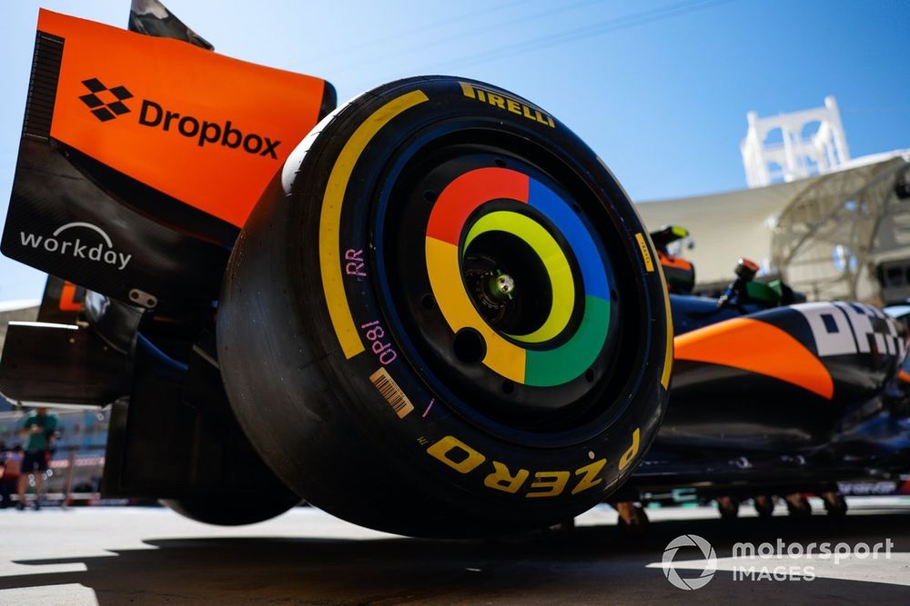 Pirelli tyre and wheel detail on a McLaren MCL38