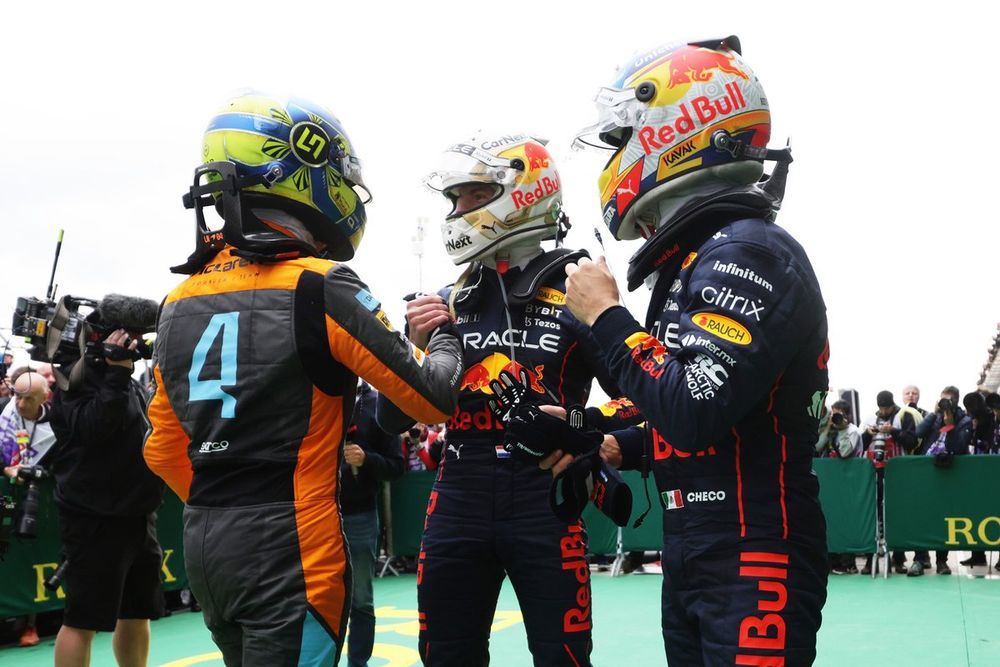 Race winner Max Verstappen, Red Bull Racing, second place Sergio Perez, Red Bull Racing, third place Lando Norris, McLaren