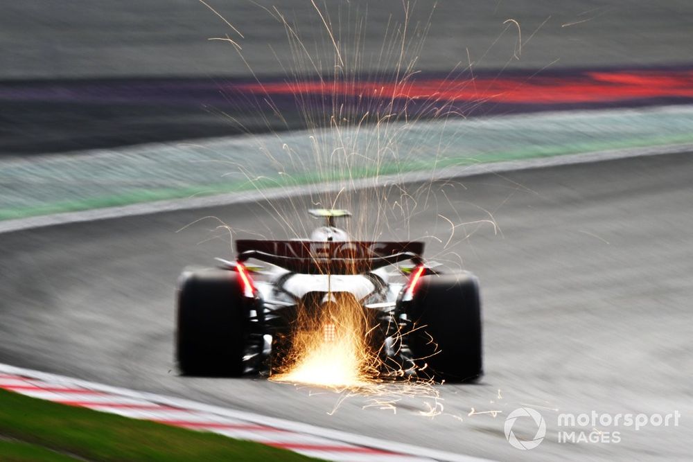 Sparks kick up from the rear of Lewis Hamilton, Mercedes F1 W15