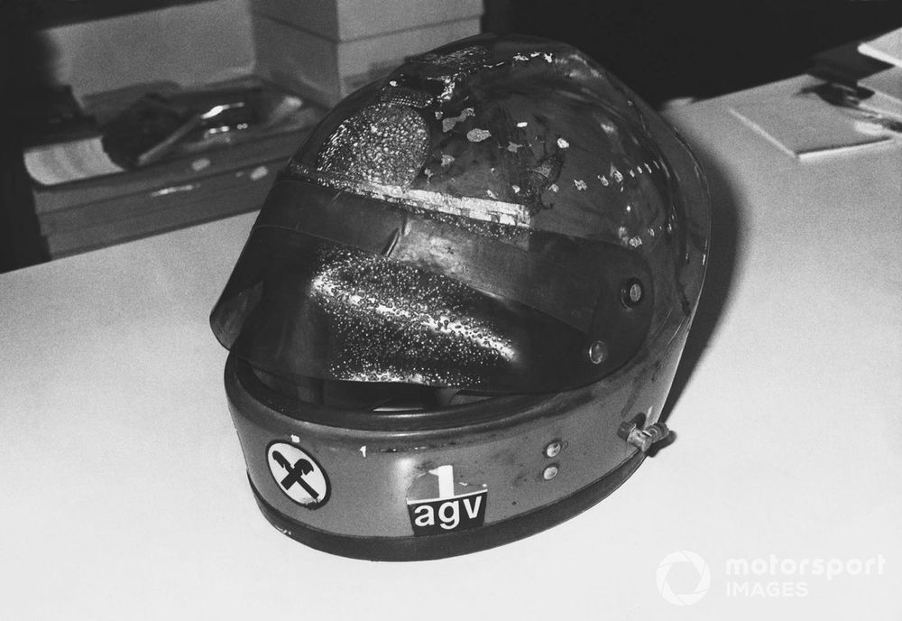 The burnt helmet of Niki Lauda, Ferrari after his accident