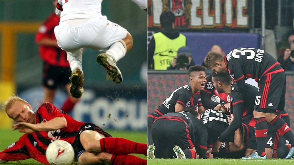 Unvergessene internationale Abende: Francesco Totti springt 2004 auf Carsten Ramelow, die Leverkusener Mannschaft 2015 auf Admir Mehmedi.