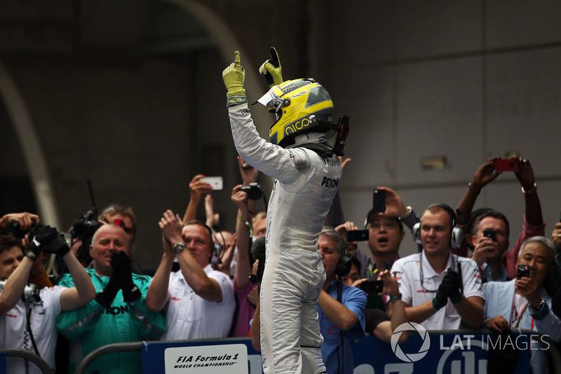 Race winner Nico Rosberg, Mercedes AMG F1 W03 celebrates in parc ferme    