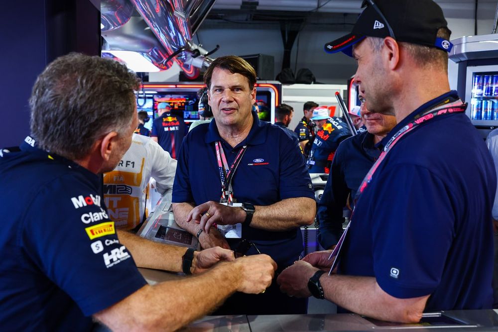 Jim Farley, CEO of Ford, Mark Rushbrook, Ford and Red Bull Racing Team Principal Christian Horner