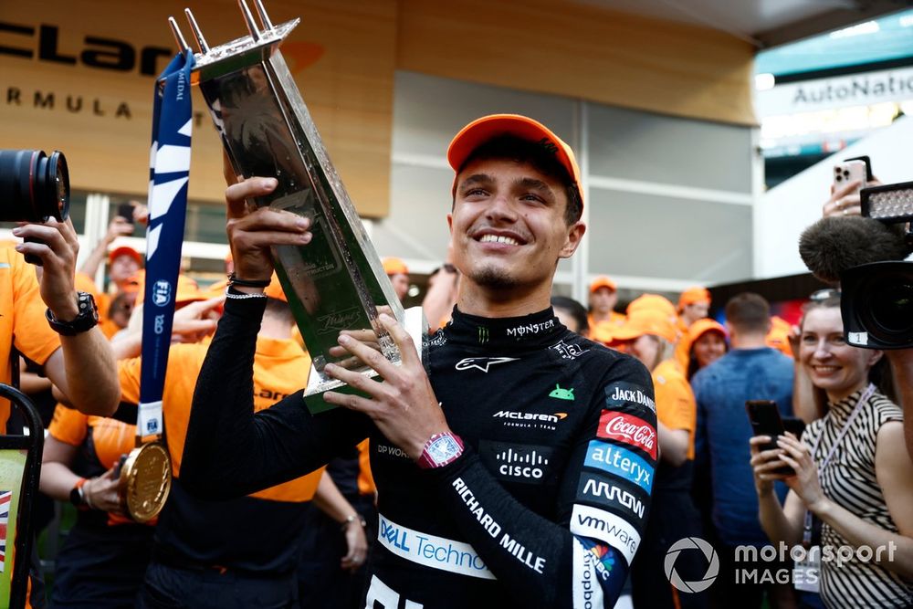 Lando Norris, McLaren F1 Team, 1st position, celebrates with his trophy