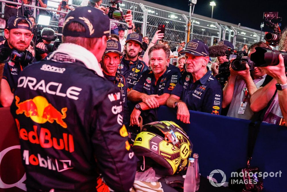 Max Verstappen, Red Bull Racing, 2nd position and 2023 world drivers champion, in Parc Ferme with Christian Horner, Team Principal, Red Bull Racing, Adrian Newey, Chief Technology Officer, Red Bull Racing, his team after the Sprint race
