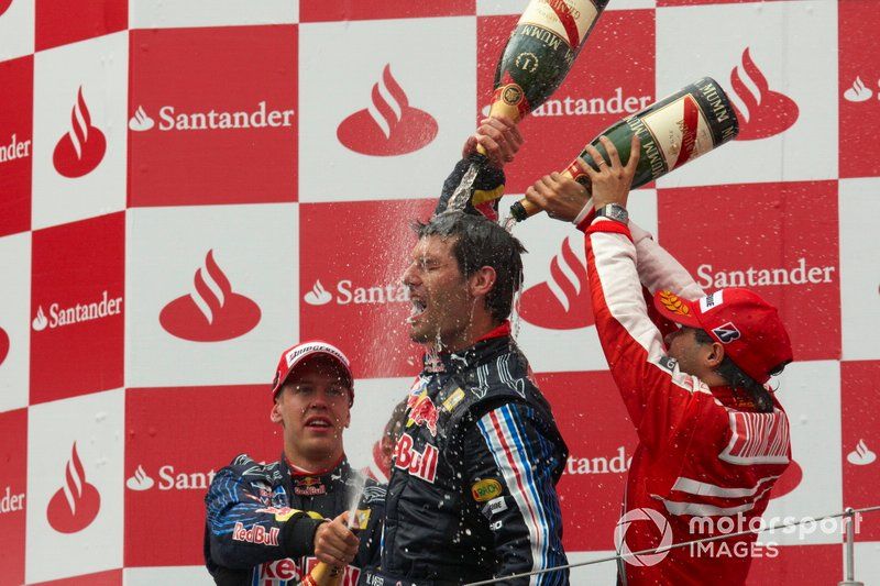 Podium: Race winner Mark Webber, Red Bull Racing second place Sebastian Vettel, Red Bull Racing, third place Felipe Massa, Ferrari
