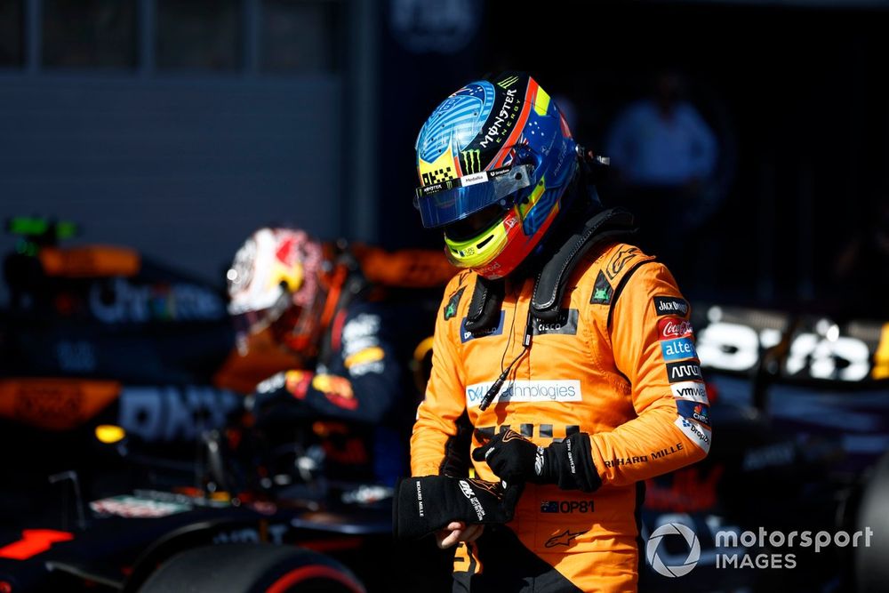 Oscar Piastri, McLaren F1 Team, arrives in Parc Ferme after Sprint Qualifying