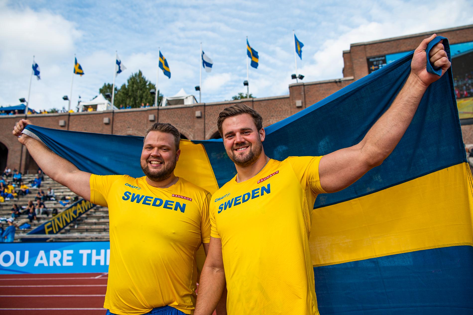 Daniel Ståhl och Simon Pettersson efter Finnkampen 2021.