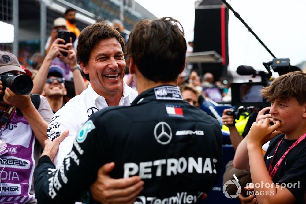 George Russell, Mercedes-AMG F1 Team, 1st position, Toto Wolff, Team Principal and CEO, Mercedes-AMG F1 Team, celebrate in Parc Ferme