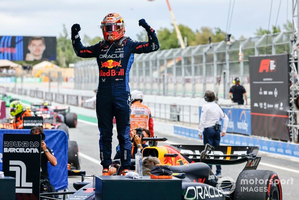 Max Verstappen, Red Bull Racing, 1st position, celebrates in Parc Ferme 