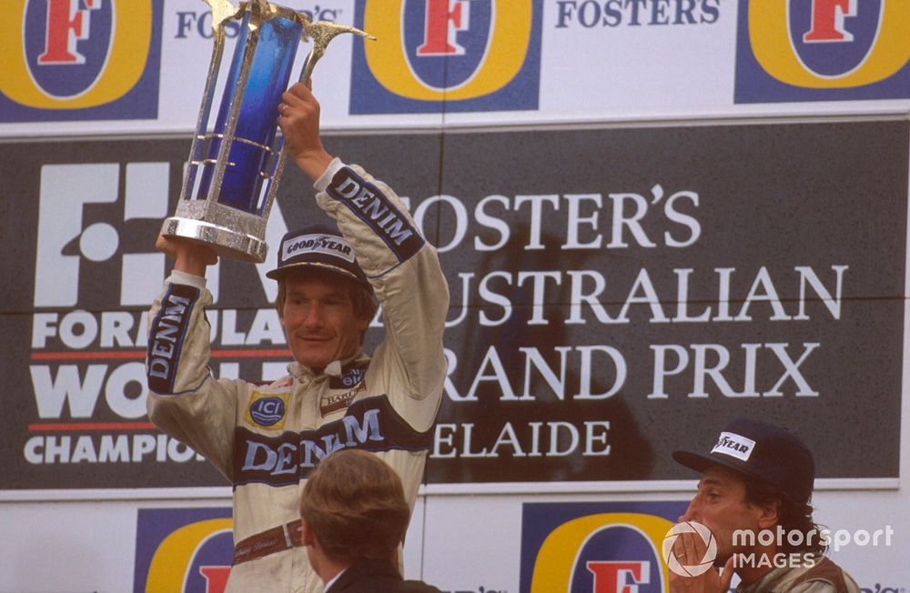 Thierry Boutsen (Williams Renault) 1st position and team-mate Riccardo Patrese on the podium.