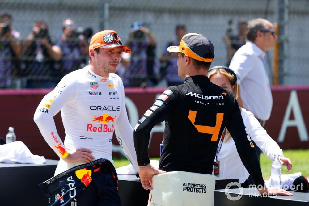 Max Verstappen, Red Bull Racing, 1st position, Lando Norris, McLaren F1 Team, 3rd position, talk after the Sprint