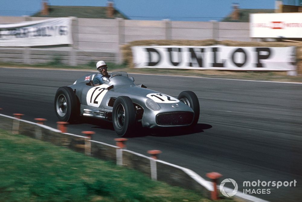 Moss became the first British winner of his home grand prix at Aintree in 1955 aboard the Mercedes W196