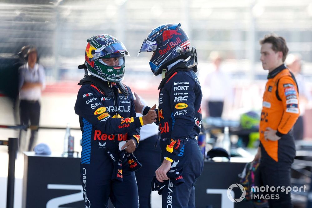 Sergio Perez, Red Bull Racing, congratulates pole man Max Verstappen, Red Bull Racing, in Parc Ferme after Qualifying